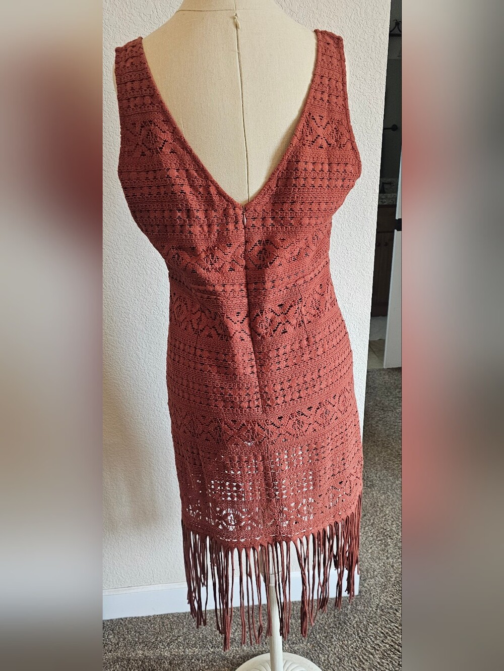 SHYANNE Western 100% Cotton Crochet Fringe Sleeveless Midi Dress Large Rust - Picture 6 of 13